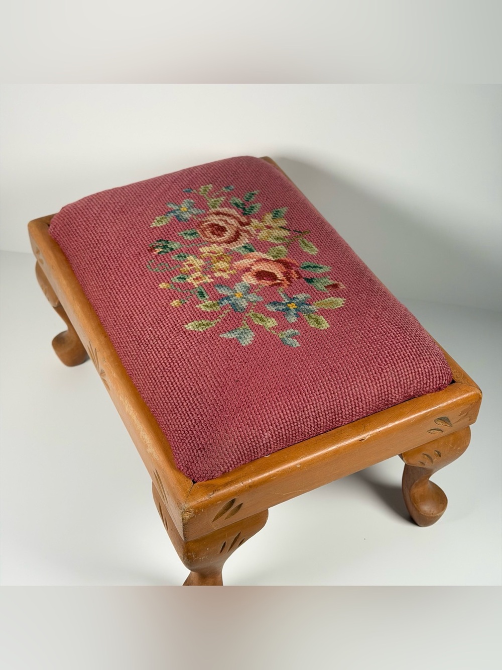 Vintage Needlepoint Footstool Rose Floral Tapestry Wood Carved Cabriole Legs